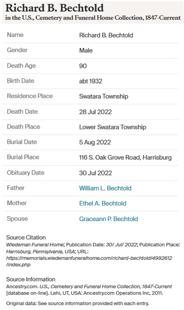 Richard Bechtold Funeral Record