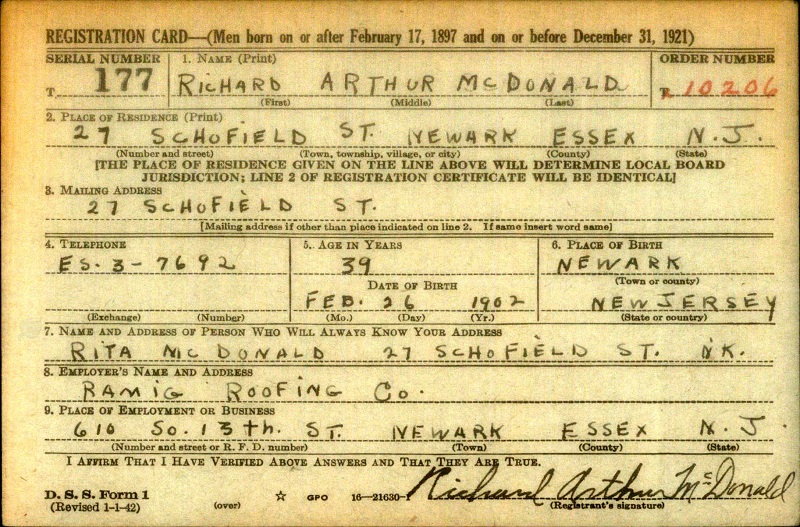 Richard A. McDonald's Wordl War II Draft Registrationy