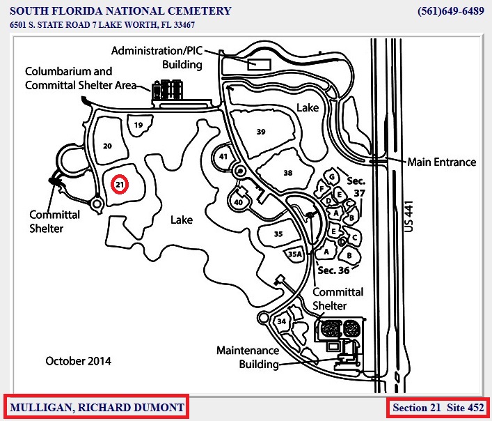 The South Florida National Cemetery Grave Location of Richard Dumont Mulligan