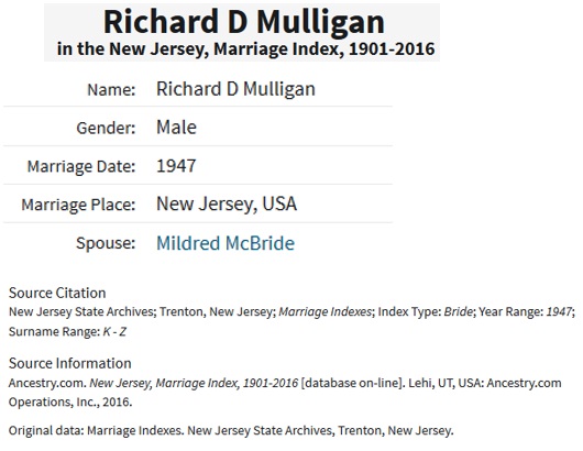 Richard D. Mulligan and Mildred McBride Marriage Index