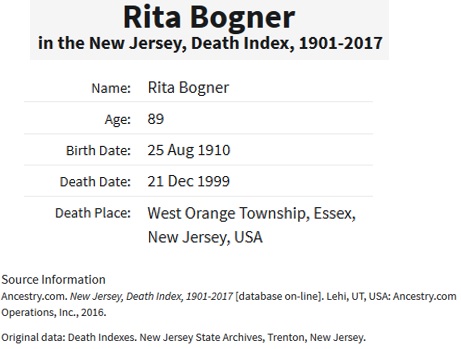 Rita Kesselhaut Bogner Death Index