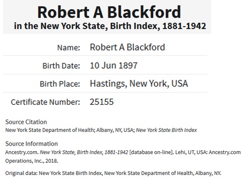 Robert A. Blackford Birth Index