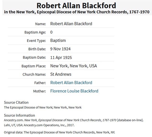 Robert A. Blackford Birth Record