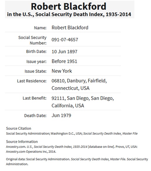 Robert Allan Blackford Social Security Death Index