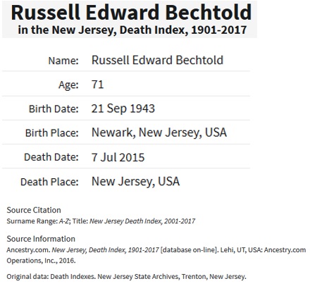 Russell Edward Bechtold Death Index