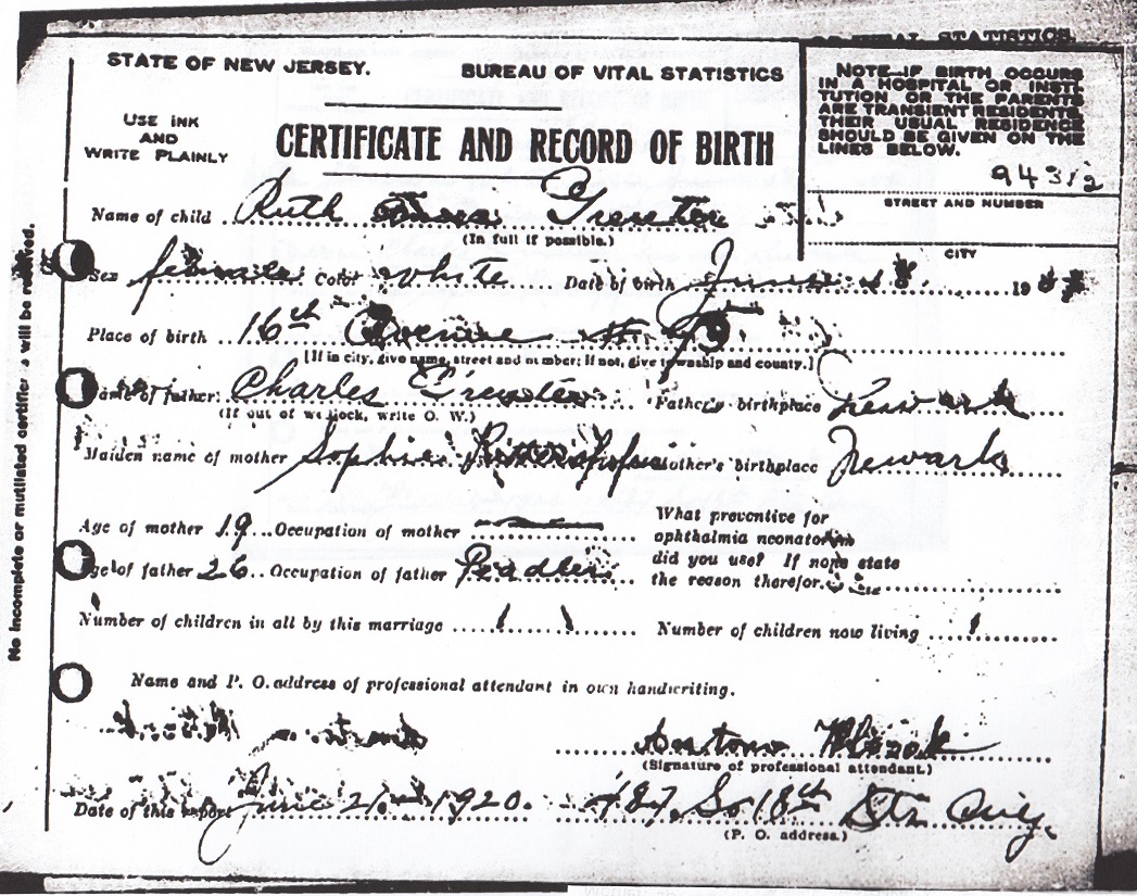 Ruth Greuter Birth Certificate