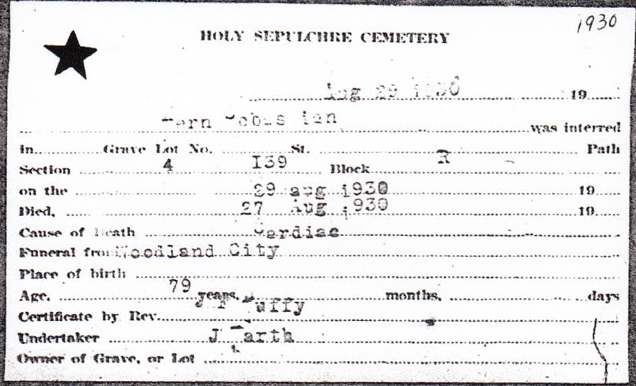 Sebastian Kern cemetery index card