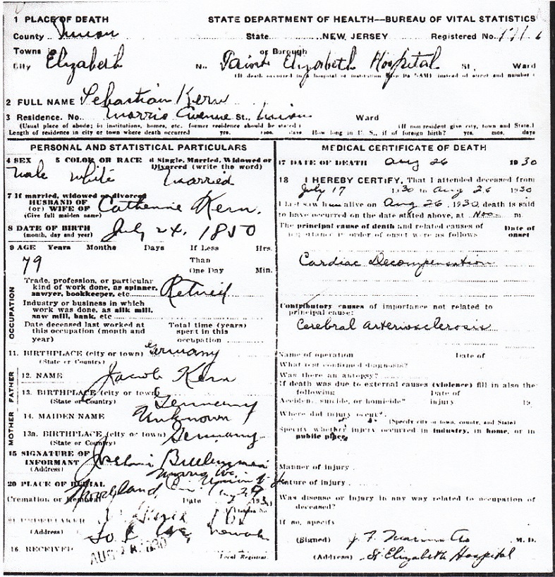 Sebastian Kern Death Certificate
