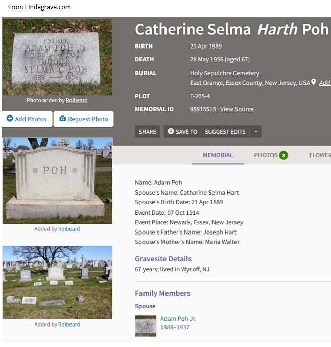 Selma Catherine Harth Poh Cemetery Record