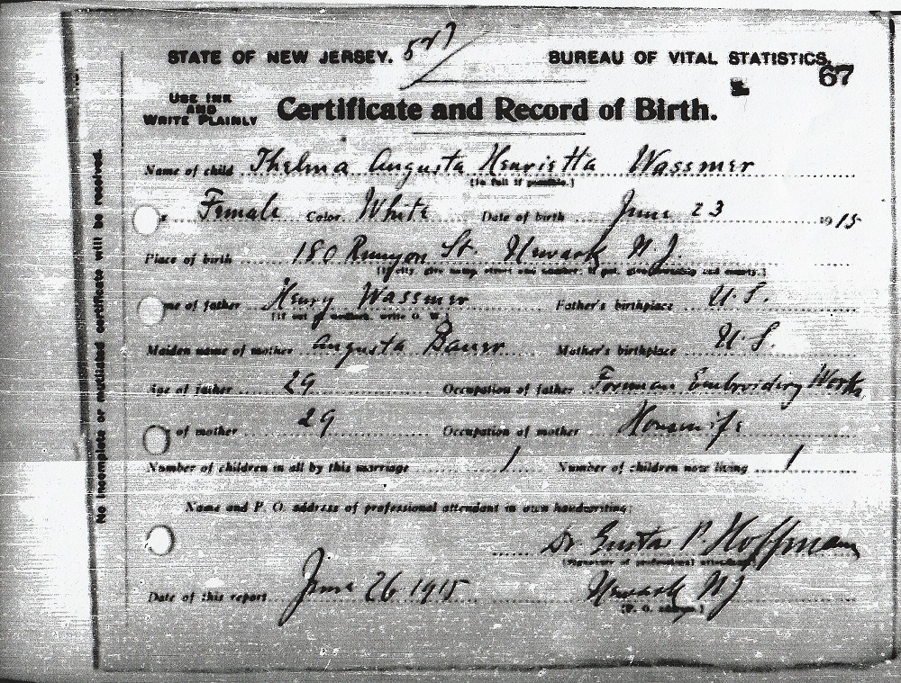 Thelma Wassmer Birth Certificate