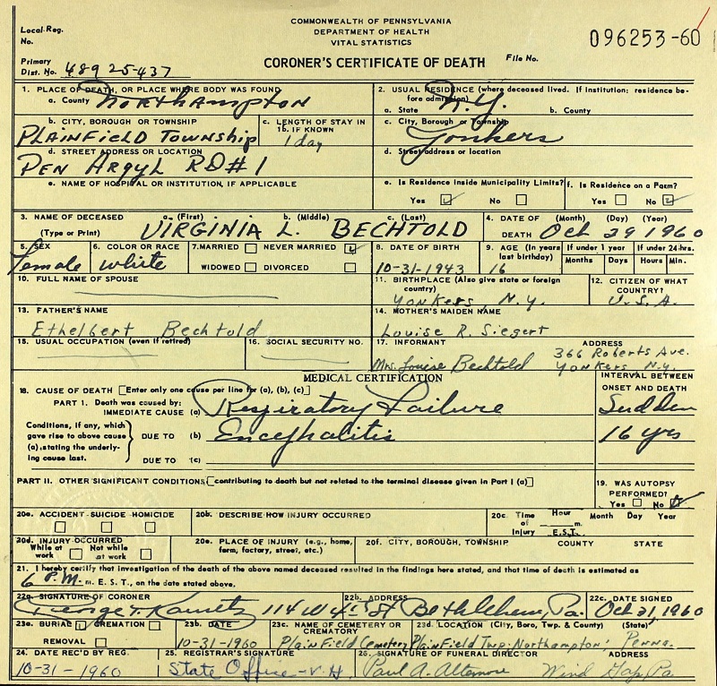 Virginia Louise Bechtold Death Certificate