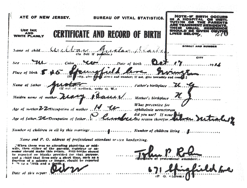 Wilbiur Klaiber Birth Certificate