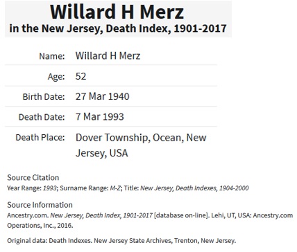 Willard H. Merz Jr. Death Index