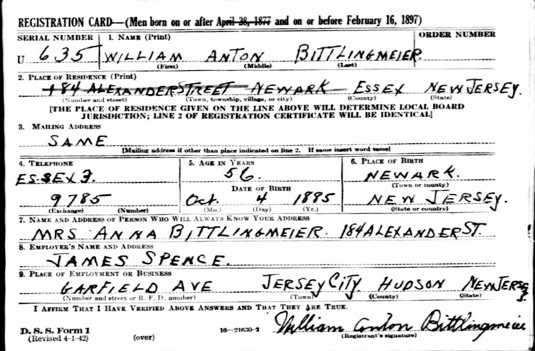 William A. Bittlingmeier's World War II Draft Registration Card Part 1