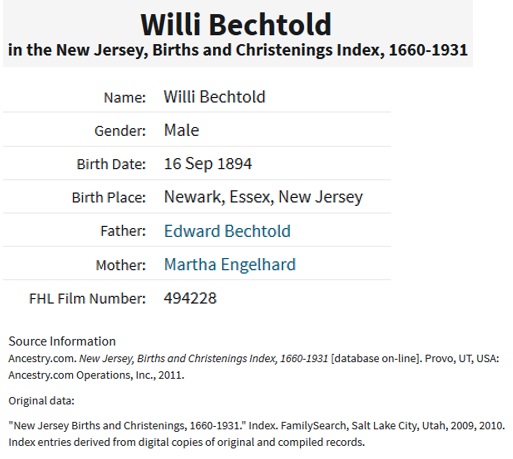 William M. Bechtold Birth Index