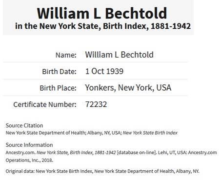 William L. Bechtold Birth Index