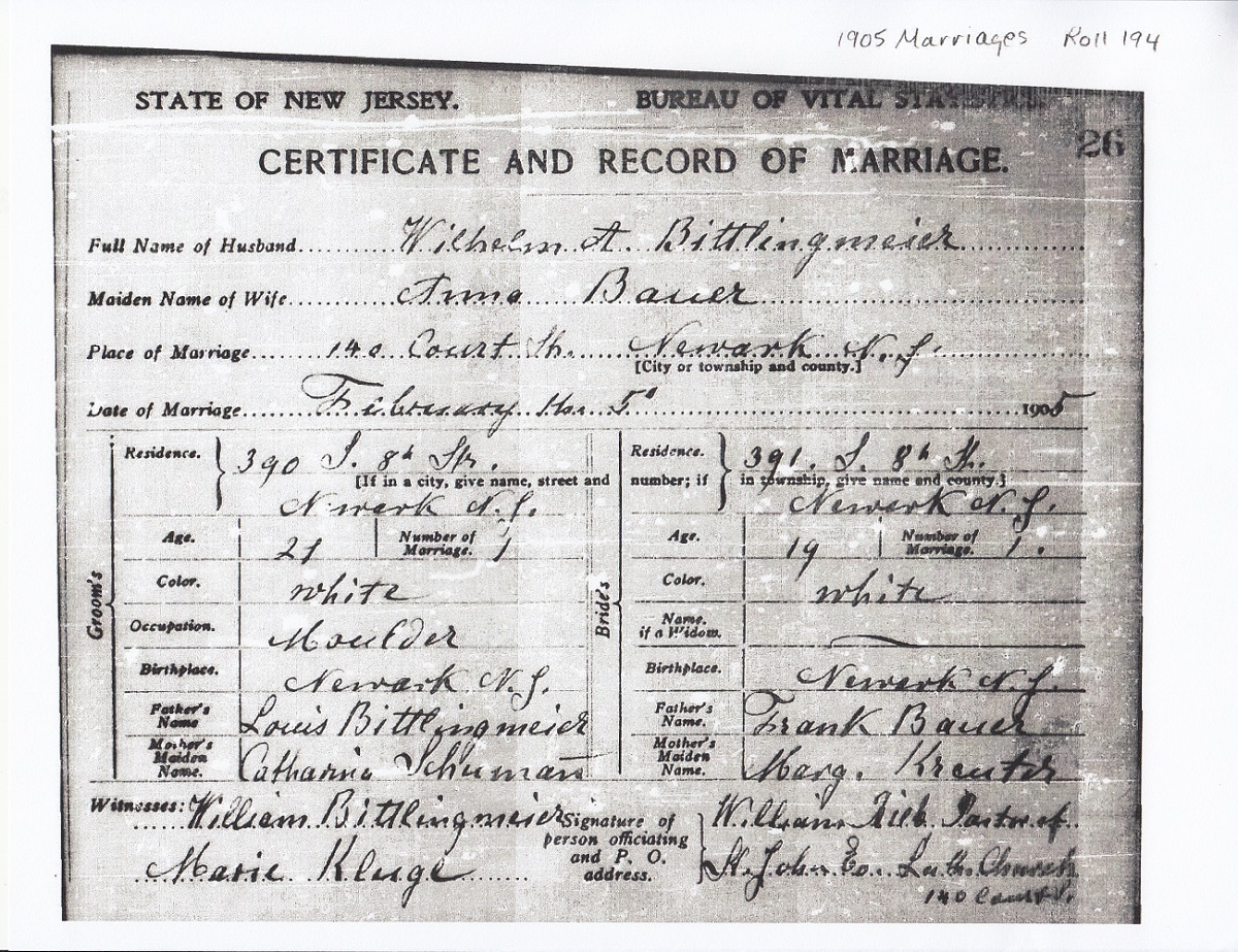 William A. Bittlingmeier and Anna Bauer Marriage Certificate