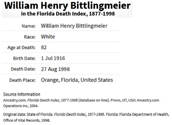 William H. Bittlingmeier Death Index