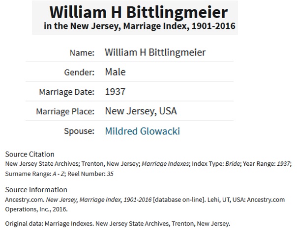 Marriage Record for William H. Bittlingmeier and Mildred Glowicki