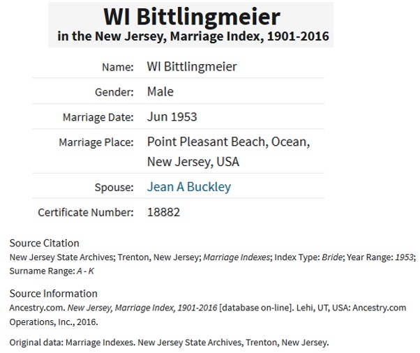 Marriage Record for William H. Bittlingmeier and Jean Kirkaldy