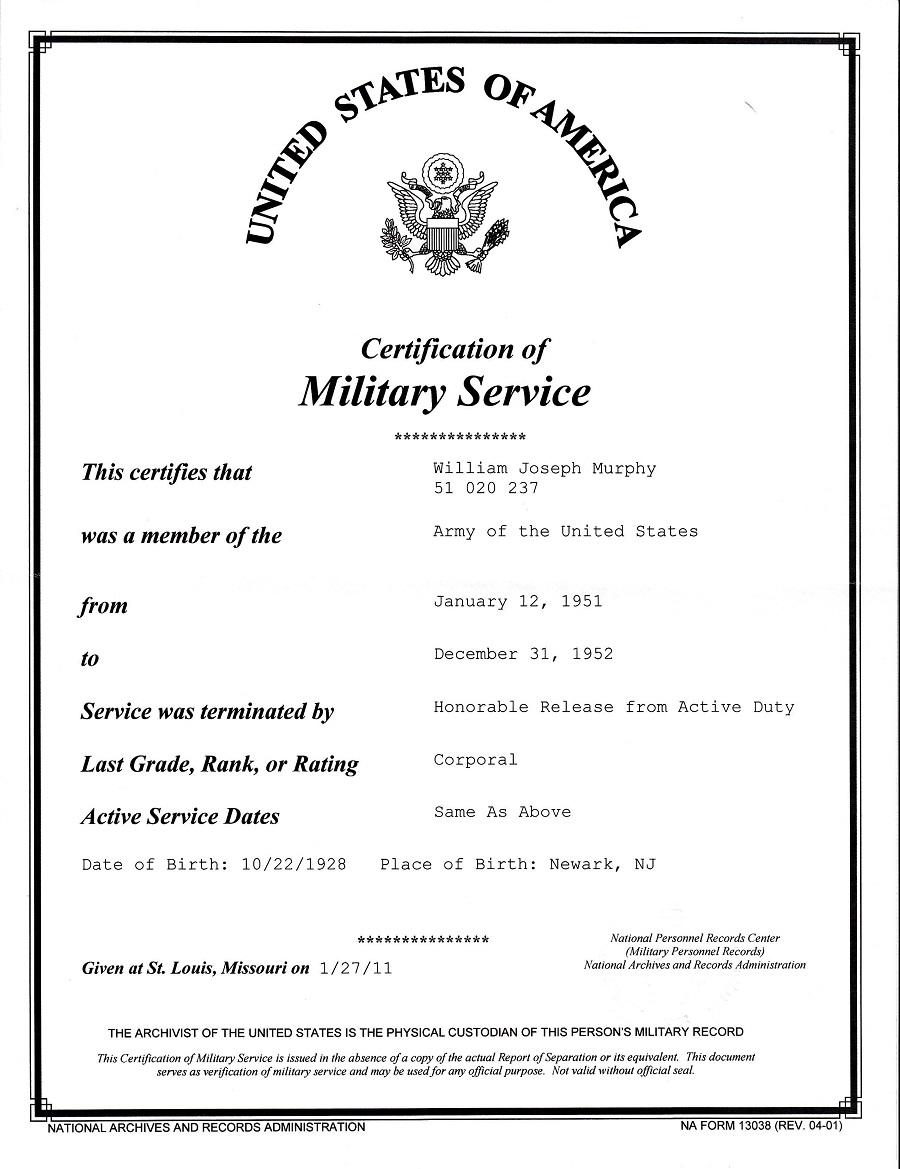 William J. Murphy's Certification of Military Service