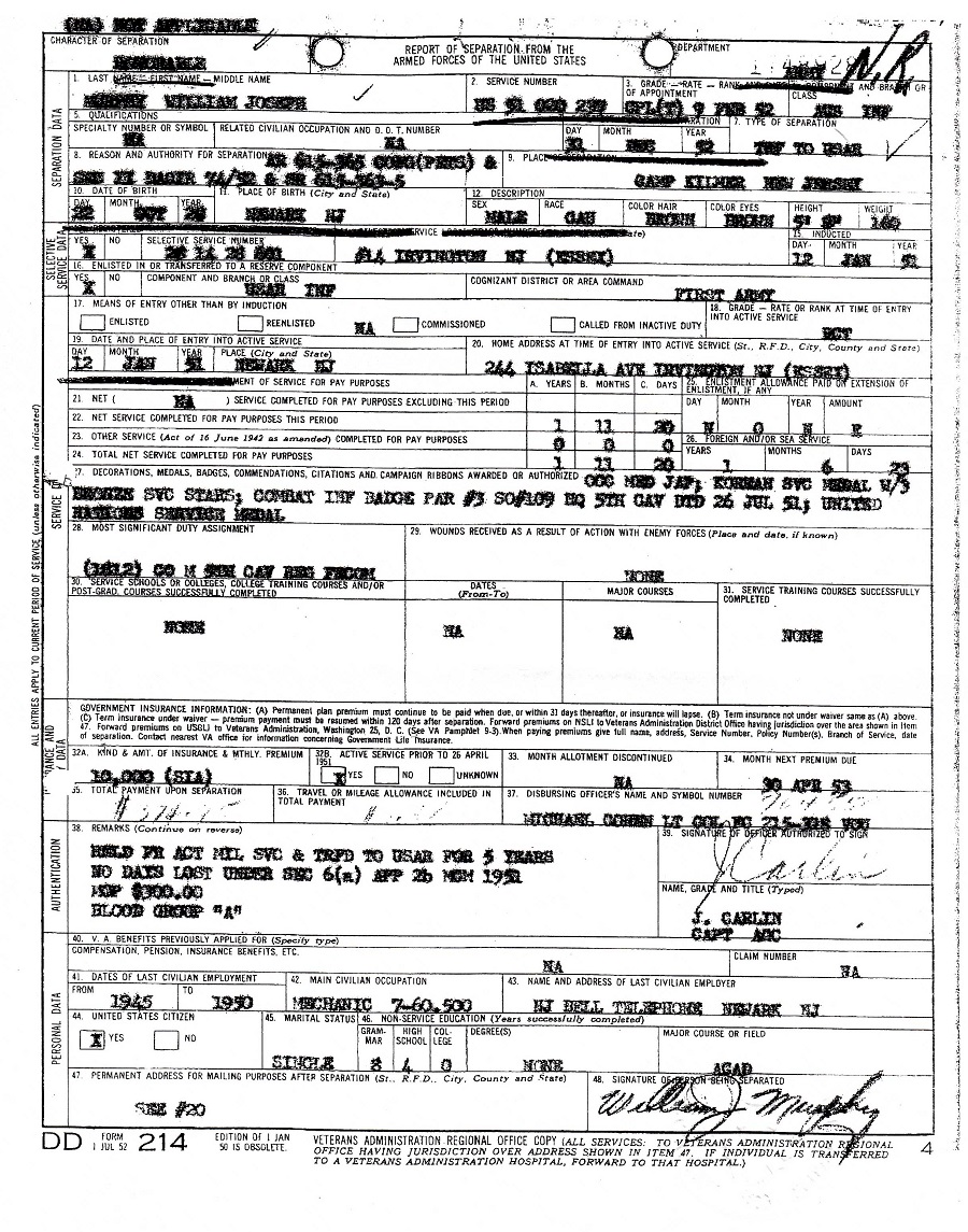 William J. Murphy's Military Separation Record