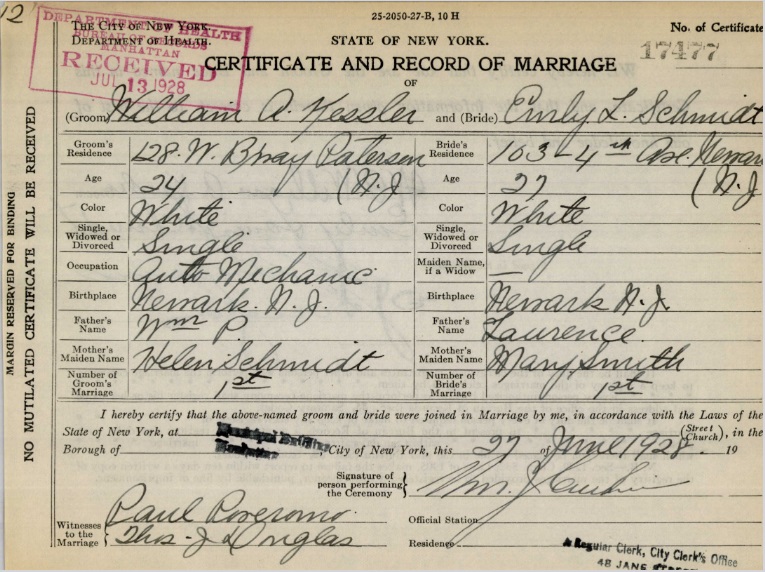 Louise Dyszkiewicz and Arthur Kessler Marriage Certificate