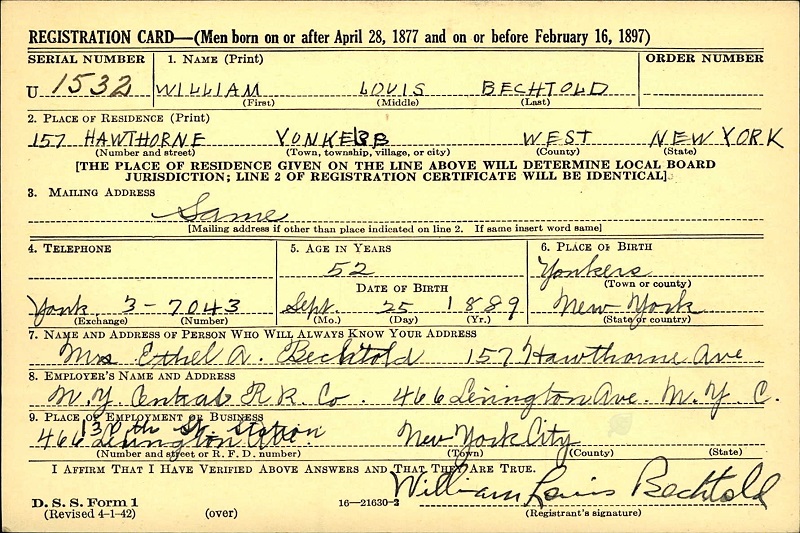 William L. Bechtold's World War II Draft Registration Card Part 1