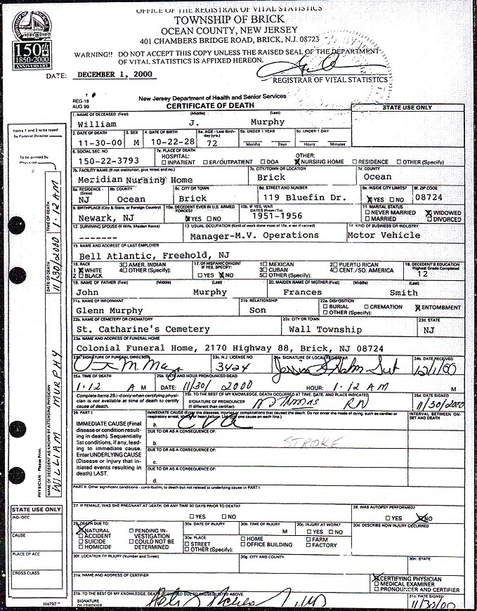 William J. Murphy Death Certificate