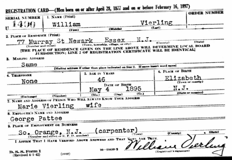 William Vierling's World War II Draft Registration Card Part 1