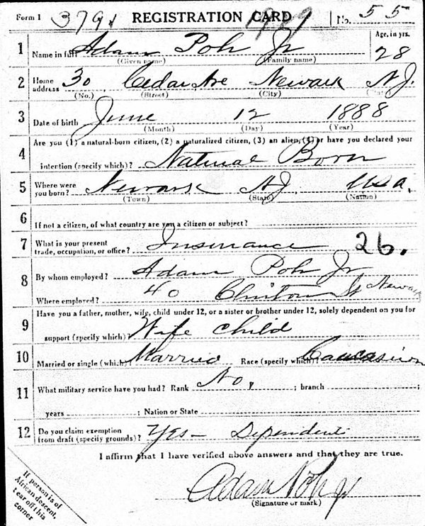 Adam Poh Jr. WW1 Draft Registration