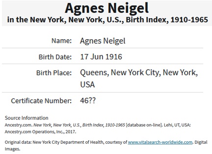 Agnes Teresa Neigel Birth Index