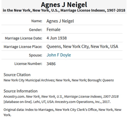 Agnes Neigel and John Doyle Marriage Index