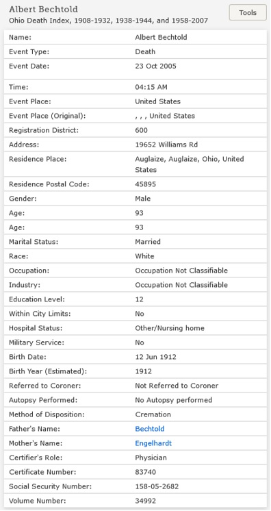 Albert Bechtold Death Index