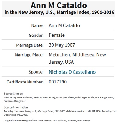 Nicholas Castellano and Ann M. Cataldo Marriage Record