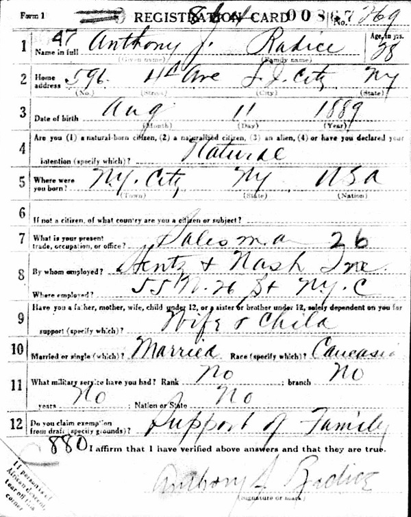 Anthony J. Radice WW1 Draft Registration