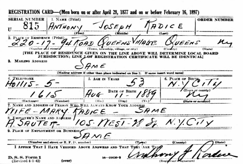 Anthony J. Radice WW2 Draft Registration