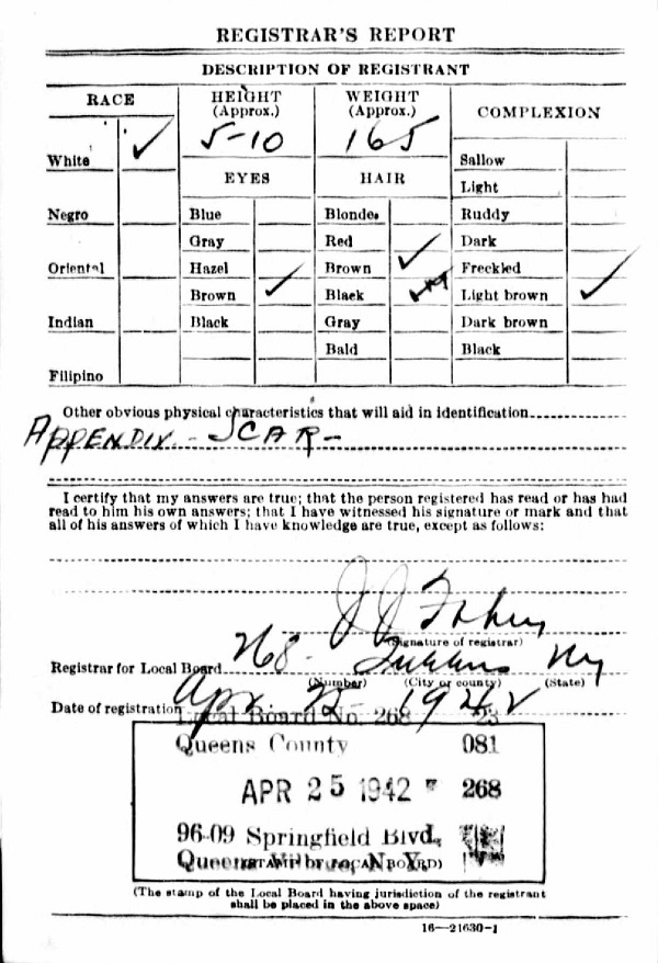 Anthony J. Radice WW2 Draft Registration