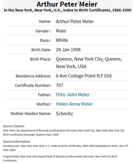 Arthur Meier Birth Certificate Index