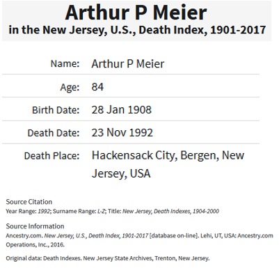 Arthur Meier Death Index