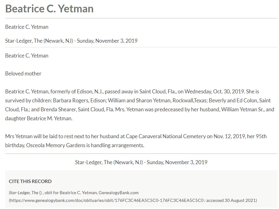 Beatrice Rears Yetman Obituary