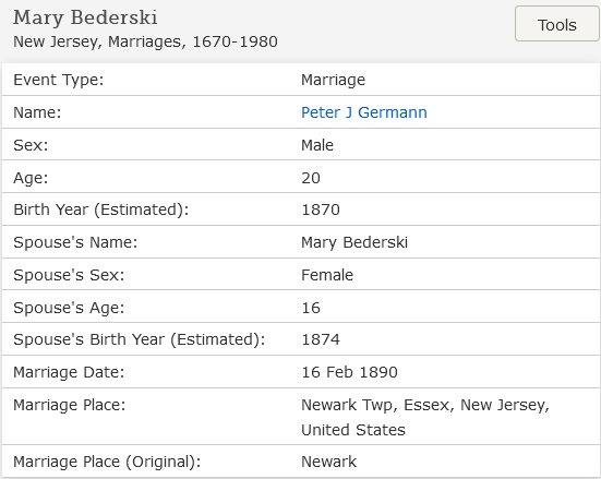 Mary Bederski and Peter Germann Marriage Index