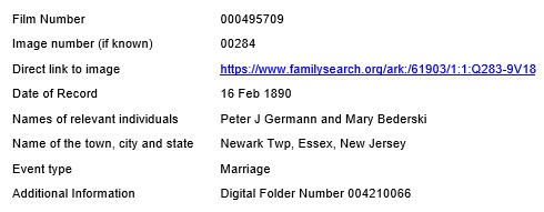 Mary Bederski and Peter Germann Marriage Record Request from FHL