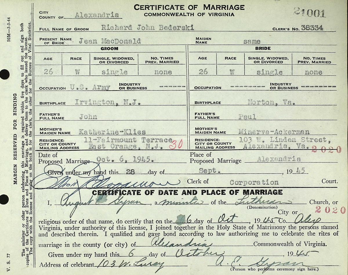 Richard Bederski and Jean MacDonald Marriage certificate