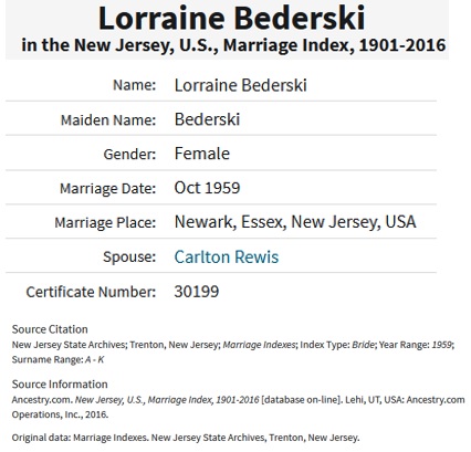 Lorraine Bederski and Carlton Rewis Marriage Record