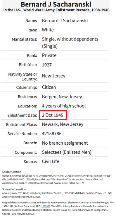 Bernard John Sacharanski Military Service Record