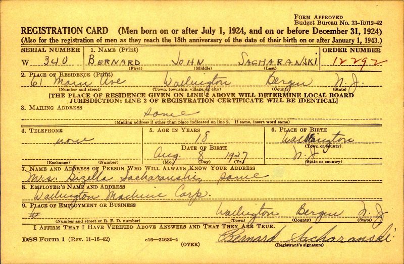 Bernard John Sacharanski WW2 Draft Registration