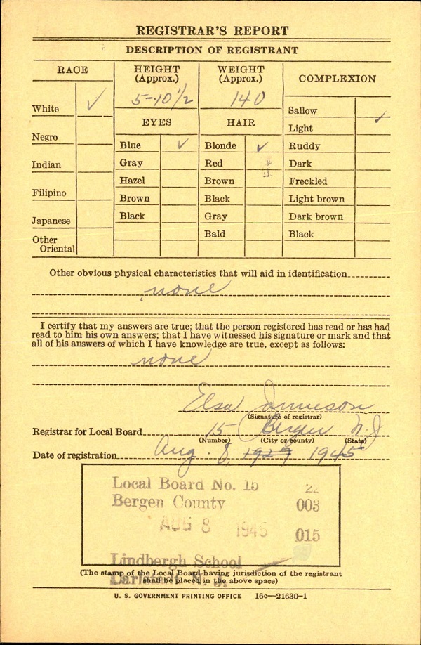 Bernard John Sacharanski WW2 Draft Registration