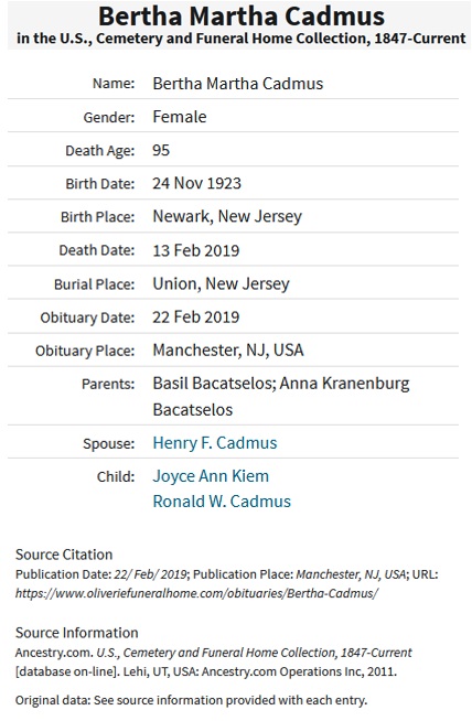 Bertha M. Bacatselos Cadmus Death Record