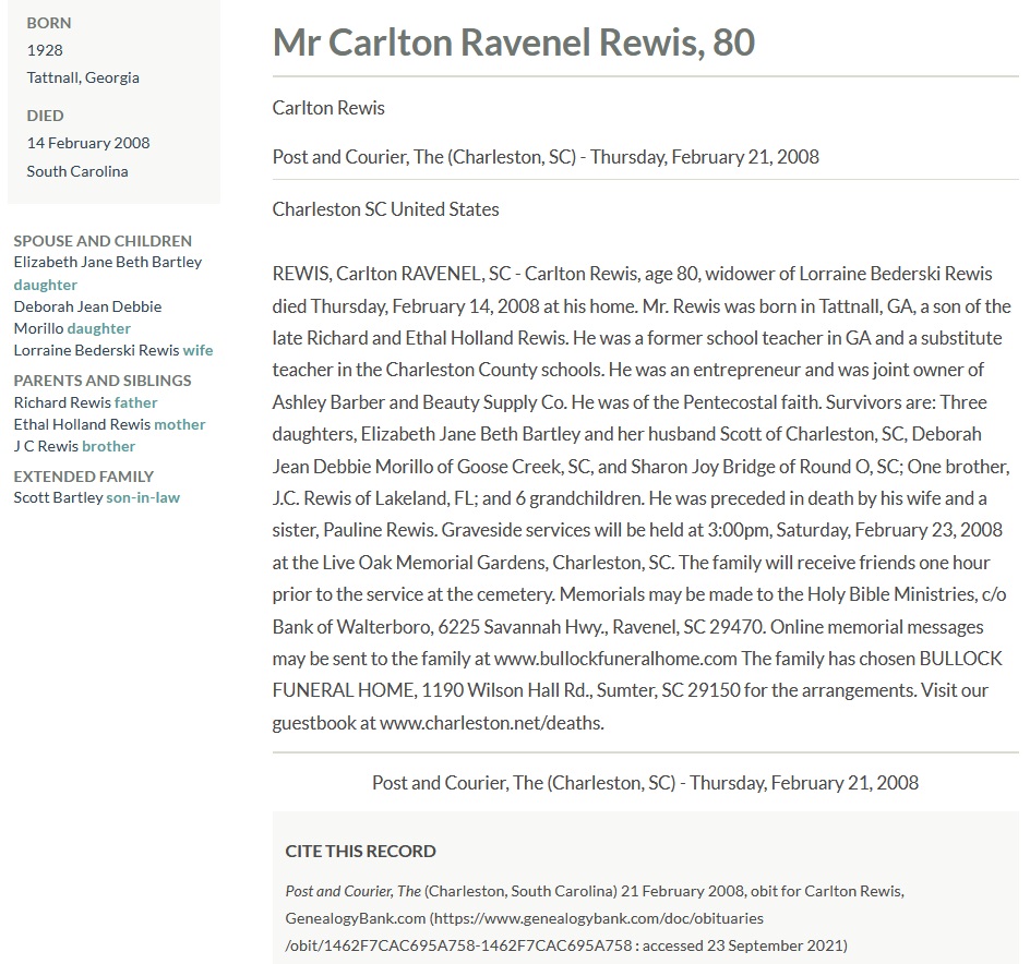 Carlton Ravenel Rewis Obituary